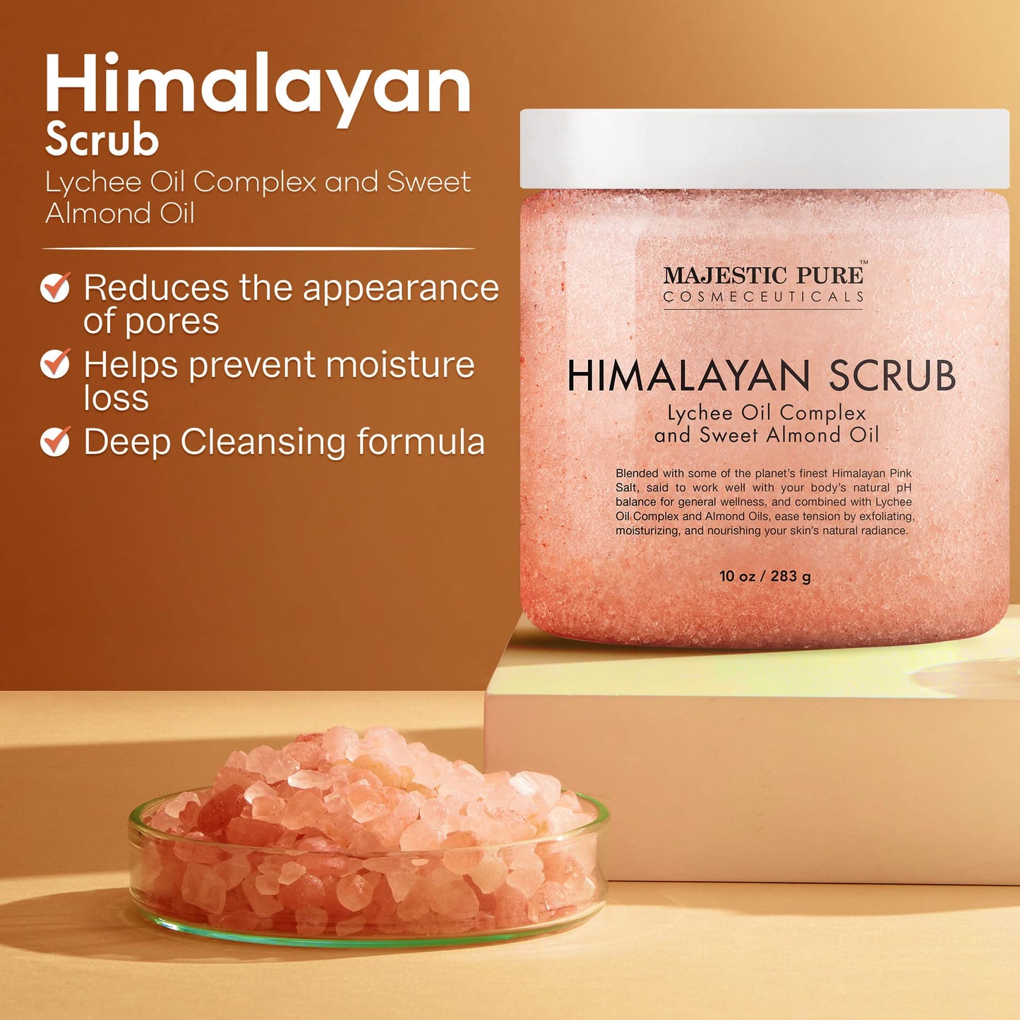 MAJESTIC PURE Himalayan Pink Salt Body Scrub with Lychee Oil and Sweet Almond Oil | Exfoliating Body Scrub for Skin Care, Stretch Marks, Acne, Cellulite | Body Scrub Exfoliator |10 oz