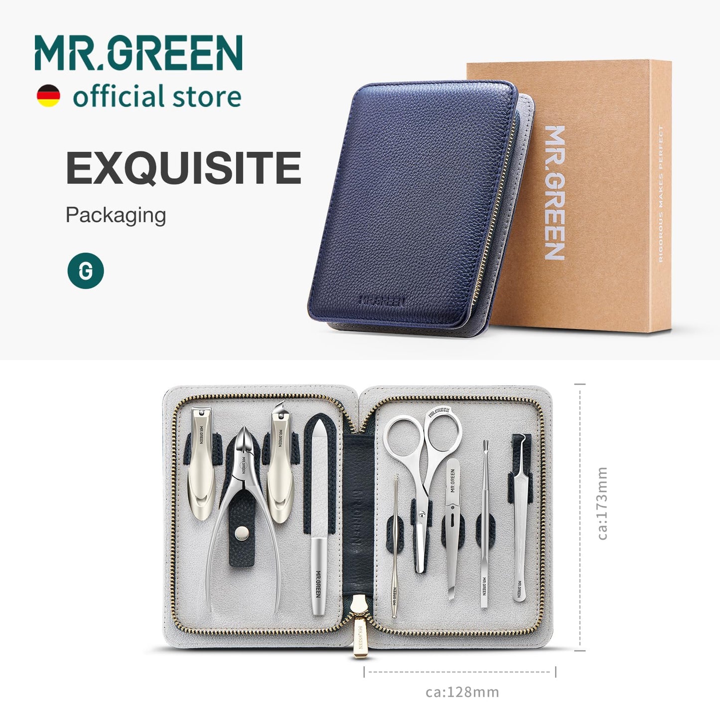 MR.GREEN Innate Luxury Manicure Set Surgical Grade Scissors Stainless nail clipper Kit full grain cow leather package Pedicure (9 in 1 Manicure Set)