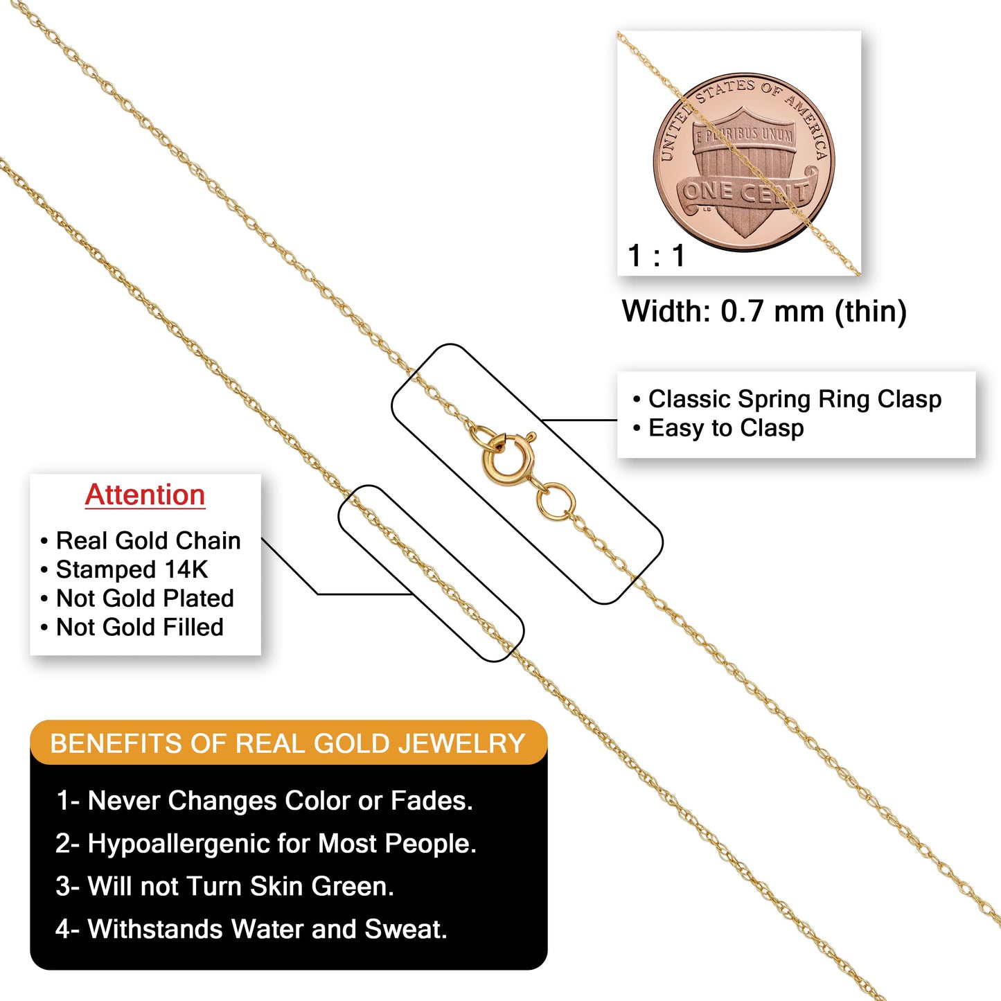 Kooljewelry 14k Yellow Gold Rope Chain Pendant Necklace (0.7 mm, 16 inch)