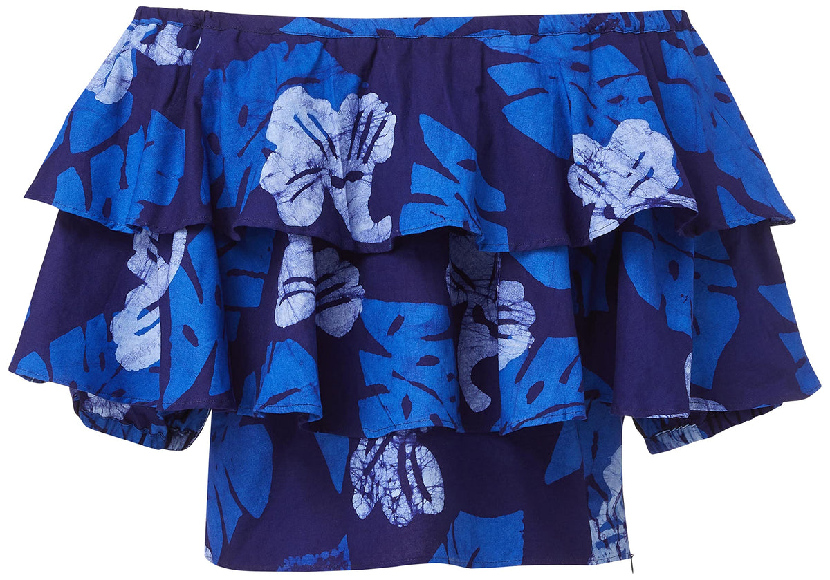 Hand-Batik Cotton Double Ruffle Top, Blue, XS