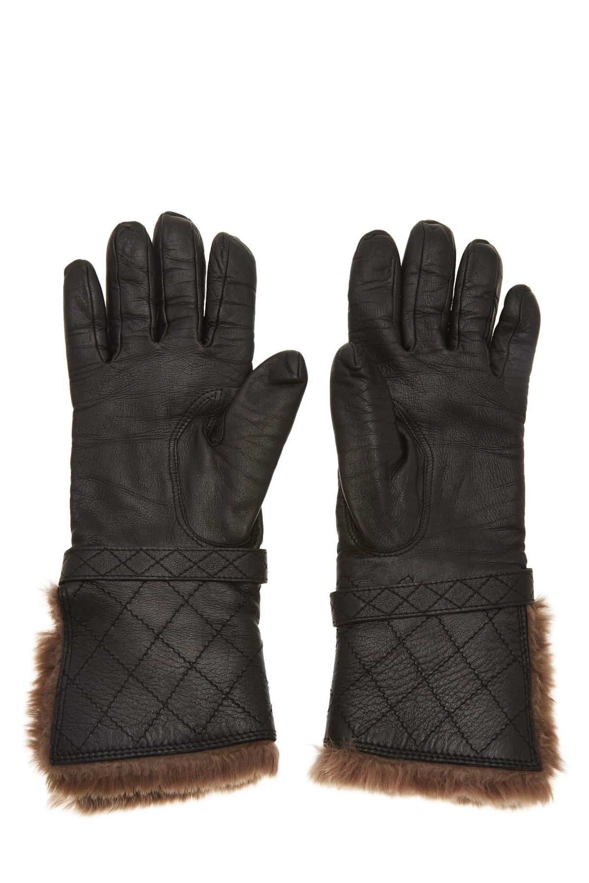Chanel, Pre-Loved Black Leather Fur Trimmed Gloves, Black