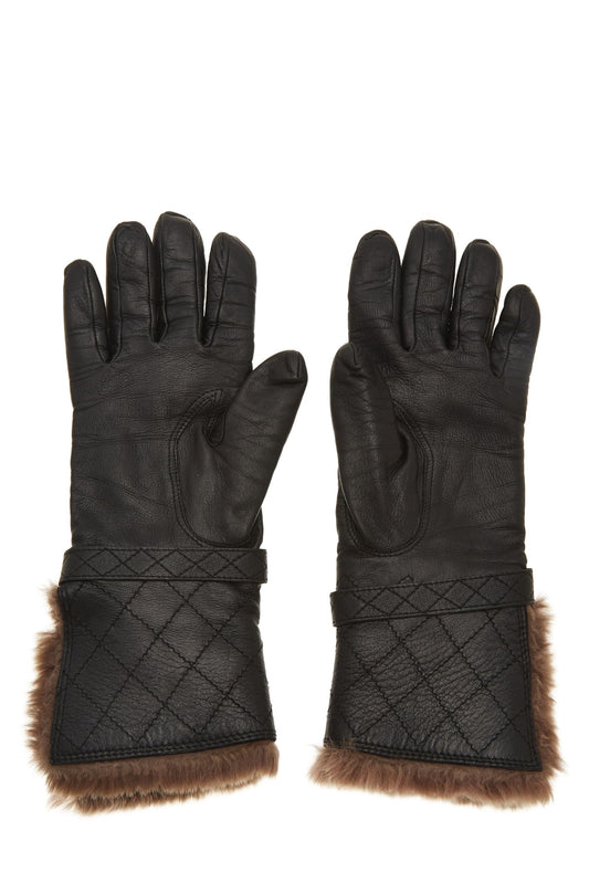 Chanel, Pre-Loved Black Leather Fur Trimmed Gloves, Black