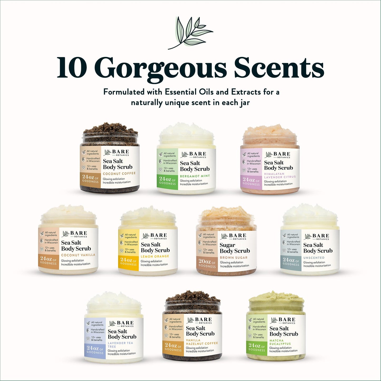 Bare Botanics Lavender Tea Tree Body Scrub 24oz | Made in Madison, WI | All Natural Sea Salt Exfoliator w/ Skin Loving Moisturizers | Vegan & Cruelty Free | Gift Ready Packaging w/ a Cute Wooden Spoon