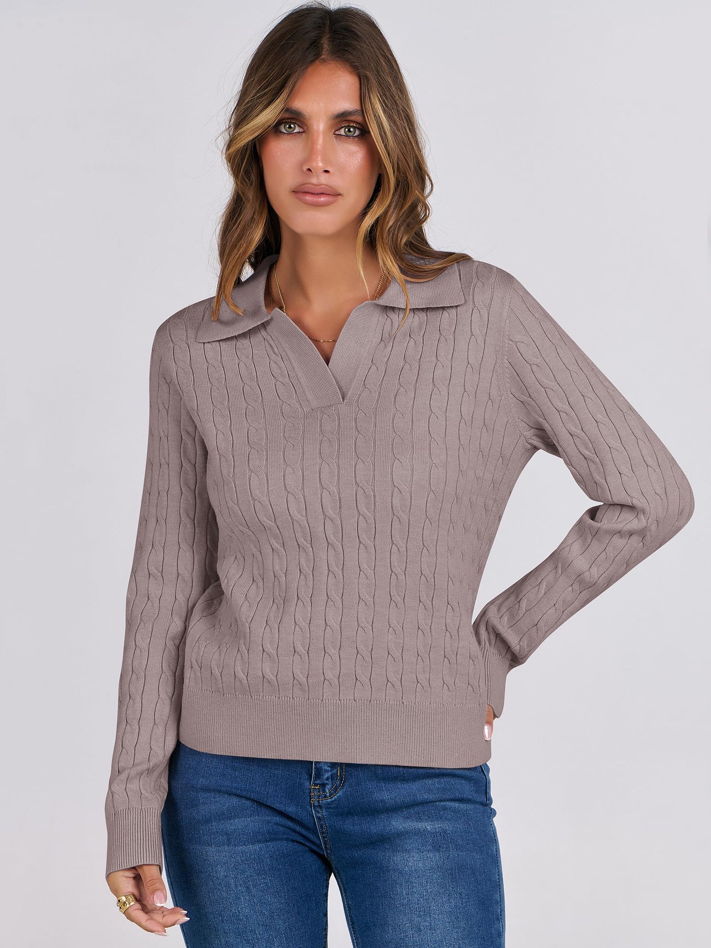 ANRABESS Womens Cable Knit Sweaters Long Sleeve V Neck Sweater Tops Casual Pullover Polo Shirts 2024 Fall Fashion Outfits Purple Taupe XL
