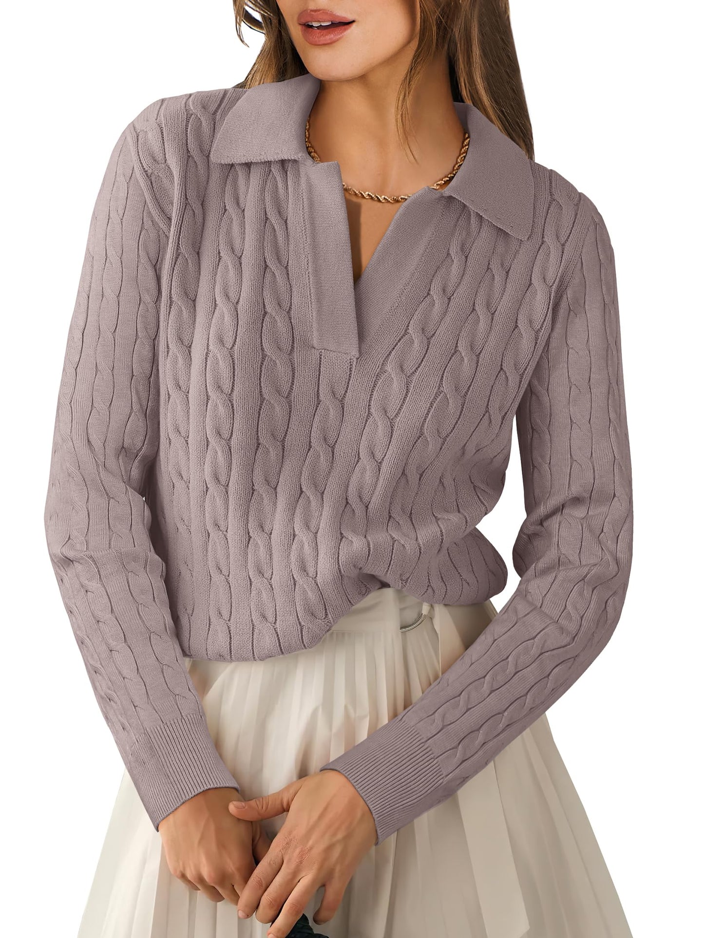 ANRABESS Womens Cable Knit Sweaters Long Sleeve V Neck Sweater Tops Casual Pullover Polo Shirts 2024 Fall Fashion Outfits Purple Taupe XL