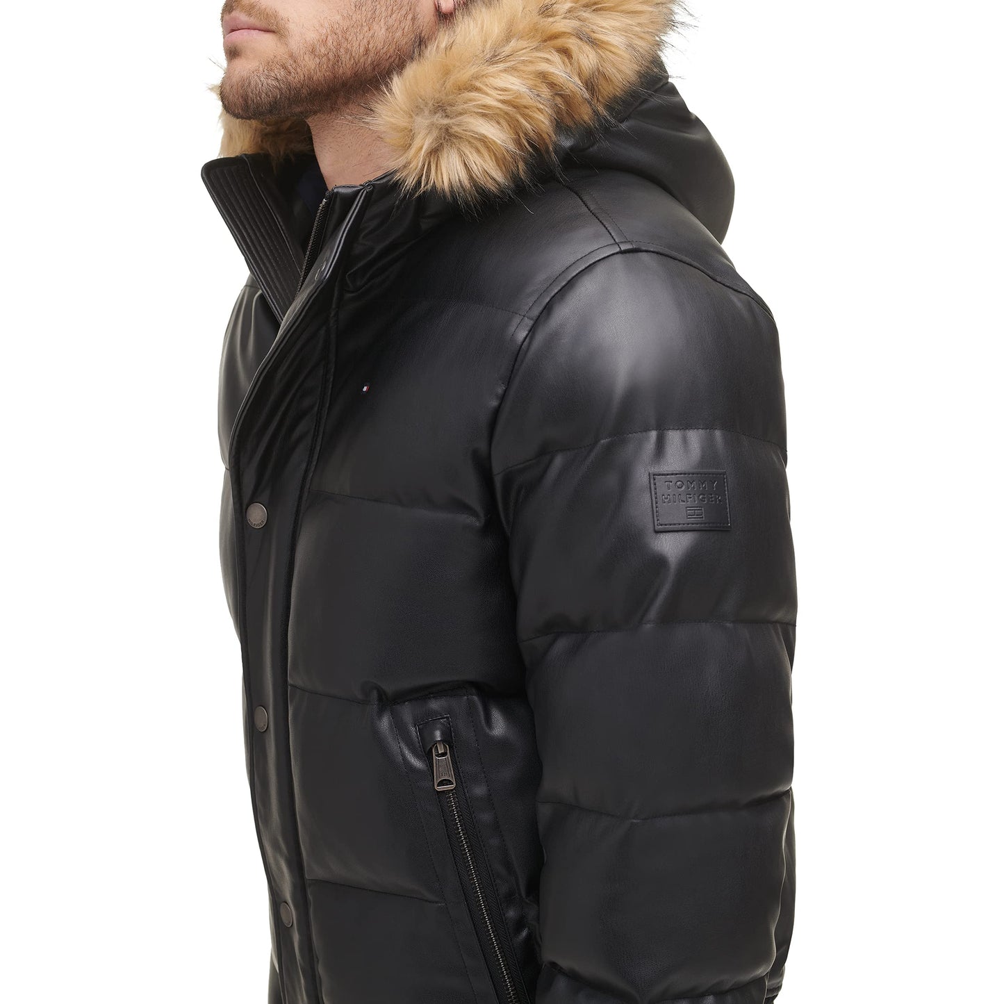 Tommy Hilfiger Men's Quilted Arctic Cloth Snorkel Bomber Jacket with Removable Hood (Standard and Big & Tall), Black Faux Leather, XX-Large