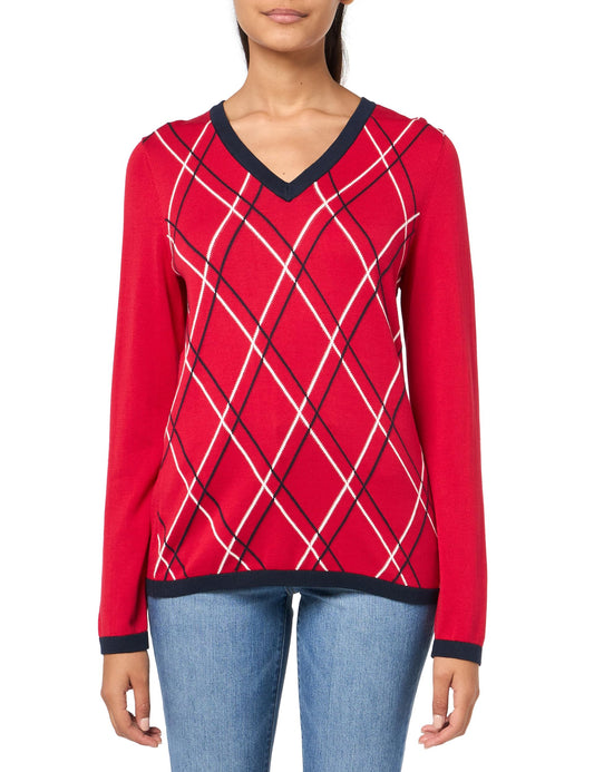Tommy Hilfiger Women's Sportswear V-Neck Cotton Sweater, Scarlet Multi, M