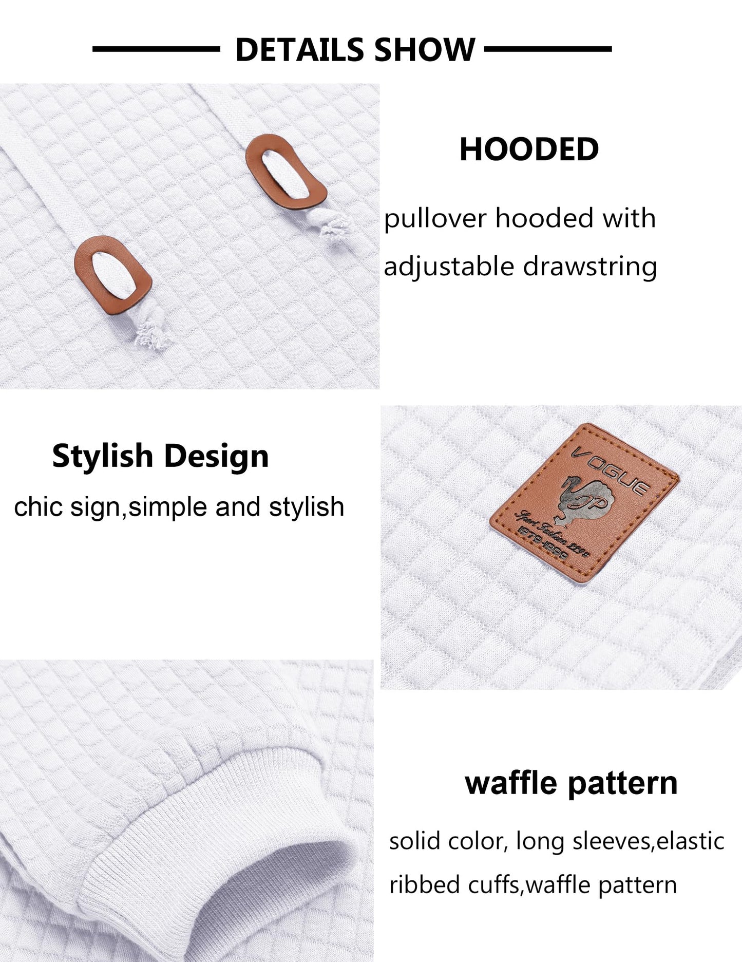 COOFANDY Mens Long Sleeve Drawstring Plaid Jacquard Hooded Sweatshirt, White, Medium