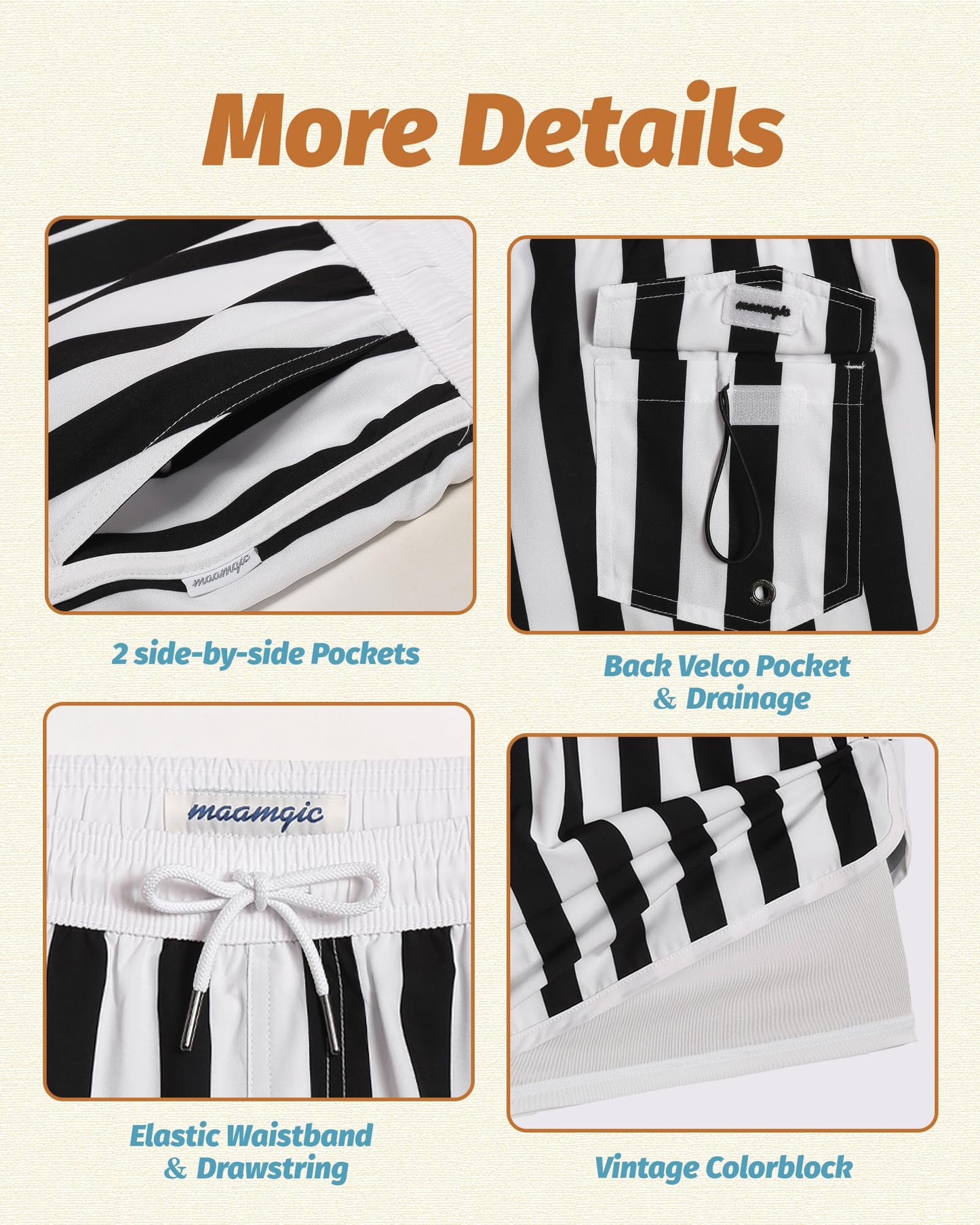 maamgic Mens Short 80s 90s Vintage 5.5" Swim Trunks Swimsuits Board Shorts Compression Liner Quick Dry 2 in 1 Bathing Suits Black White Stripe Large