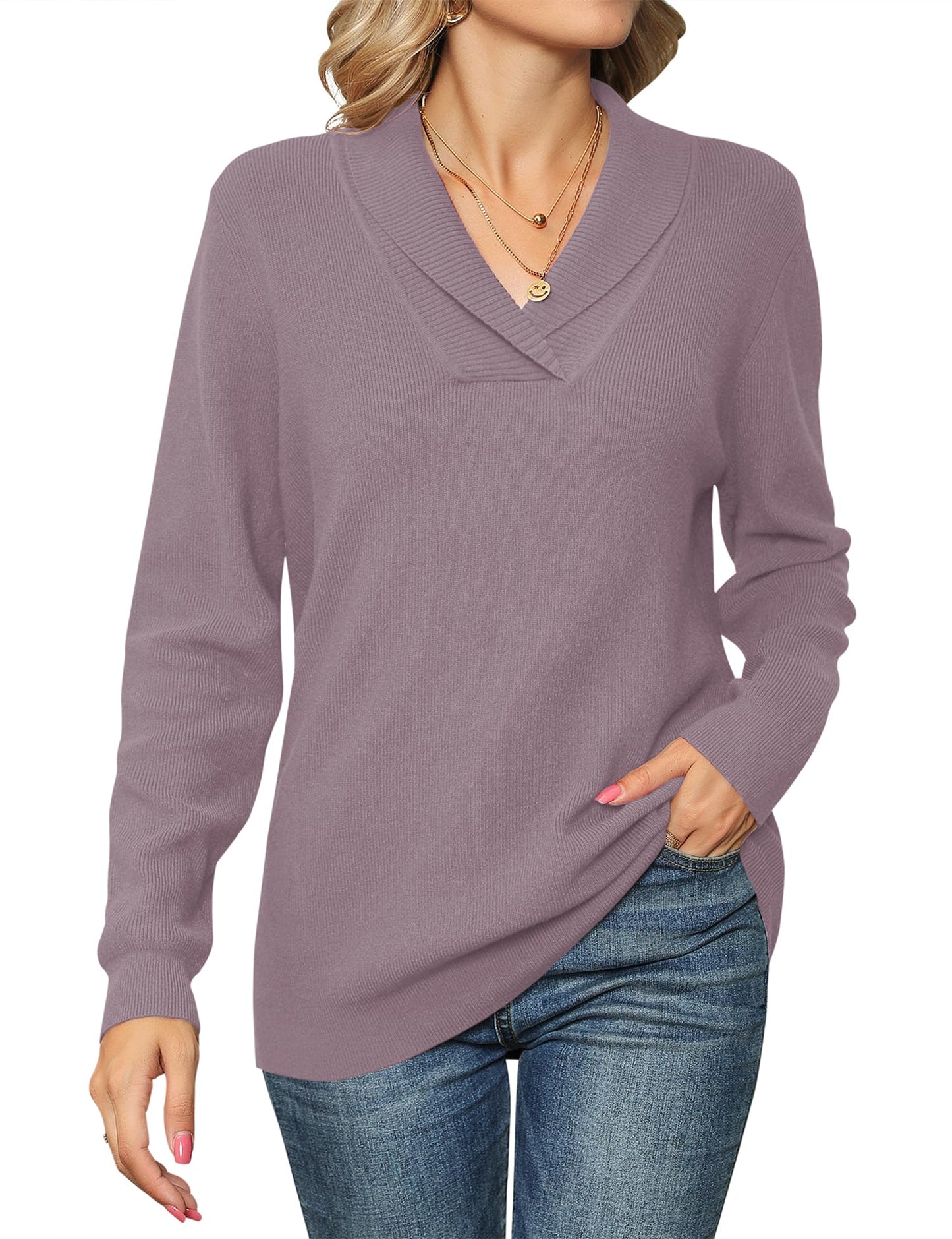 Ivicoer Women's Sweaters V Neck Pullover Long Sleeve Shawl Collared Ladies Knitted Casual Tops Fall Winter Dressy Polo Trendy