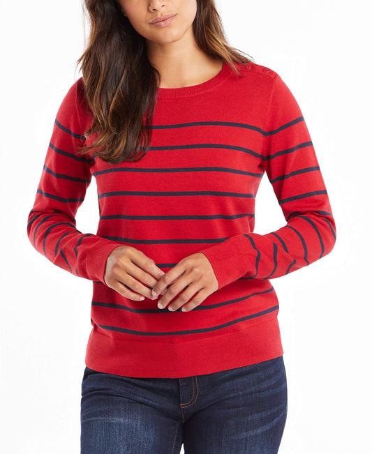 Nautica Women's Year-Round Long Sleeve 100% Cotton Striped Crewneck Sweater, Red, Large