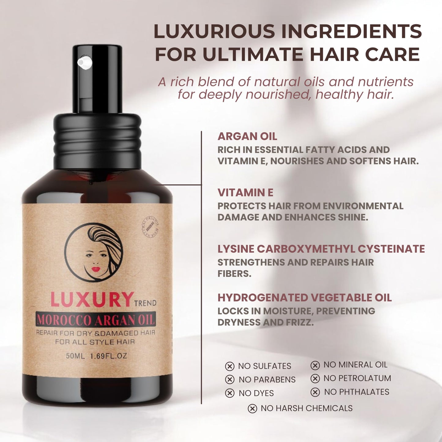 LUXURY TREND Pure Morocco Argan Oil - Nourishing Hair Oil for Silky, Frizz-Free Locks - Vitamin E & Fatty Acids Rich, Sulfate-Free Treatment for All Hair Types, 1.69 Oz
