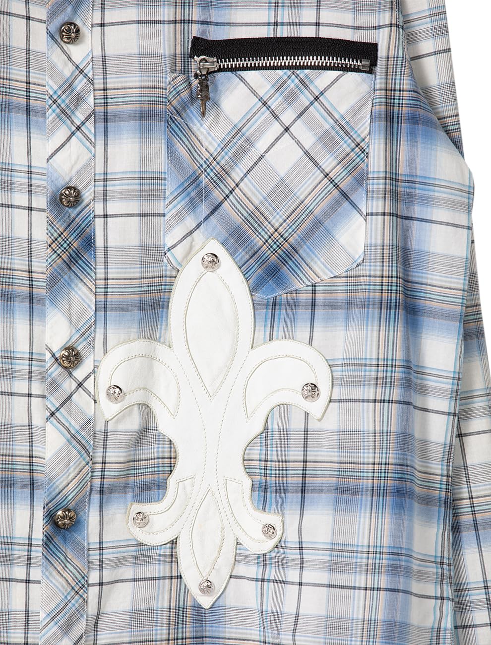 Chrome Hearts, Pre-Loved Leather Fleur Detail Zip Pocket Button Up, Large, Blue