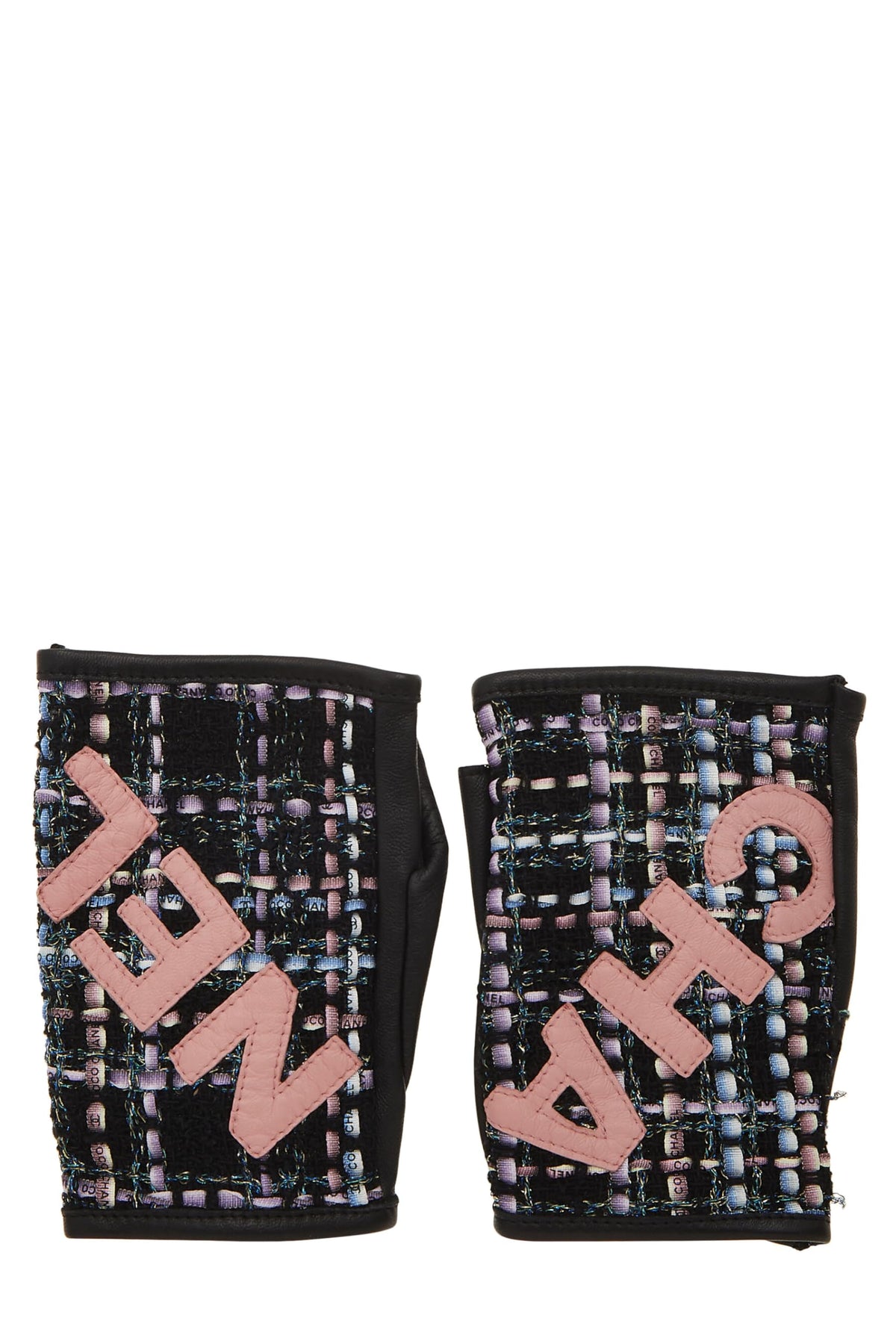 Chanel, Pre-Loved Black Lambskin & Multicolor Tweed Fingerless Gloves, Multi