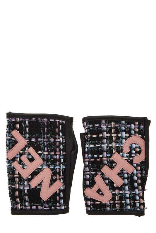 Chanel, Pre-Loved Black Lambskin & Multicolor Tweed Fingerless Gloves, Multi