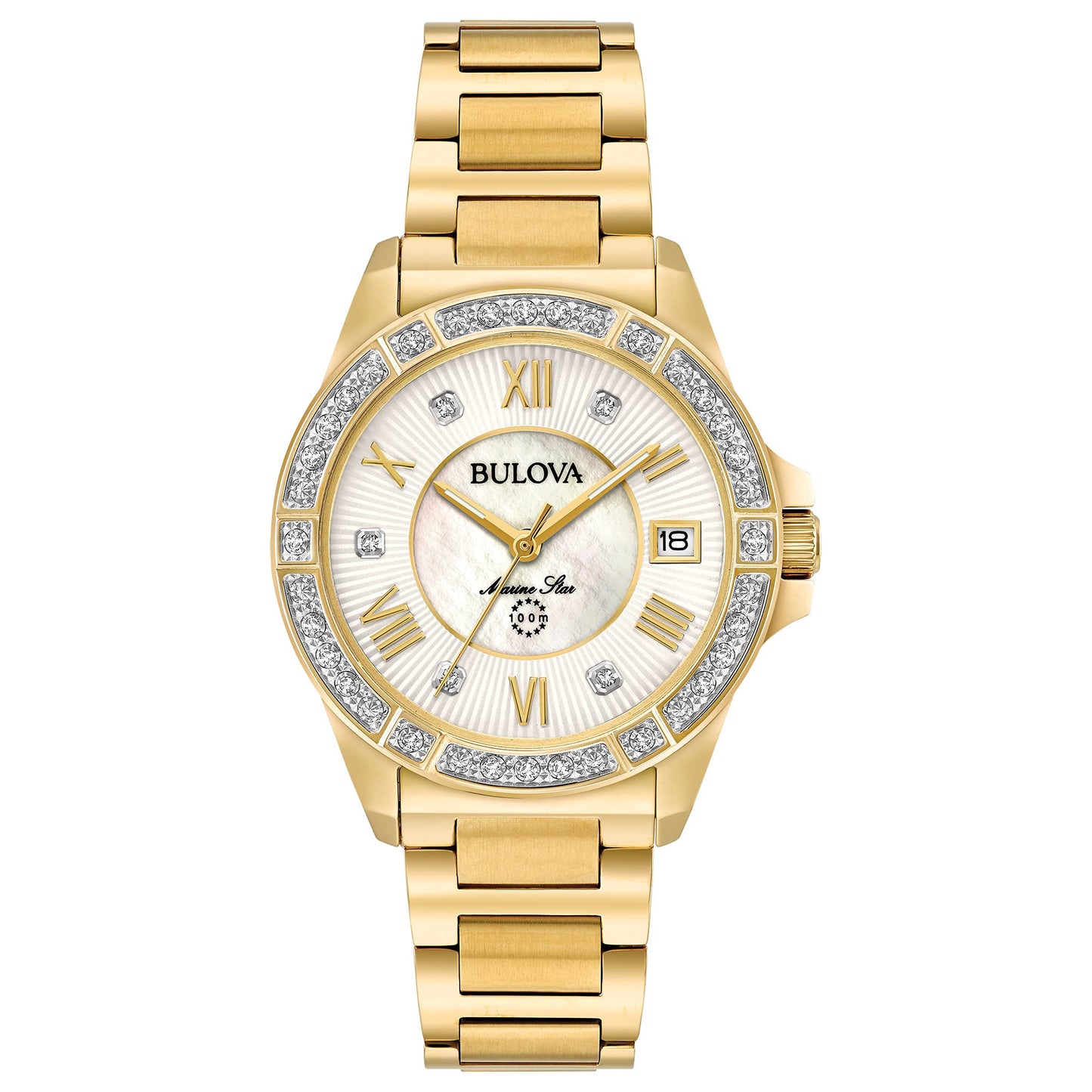 Bulova Ladies' Marine Star Diamond Gold Tone Stainless Steel 3-Hand Quartz Watch, White Mother-of-Pearl Dial and Sapphire Crystal Style: 98R235