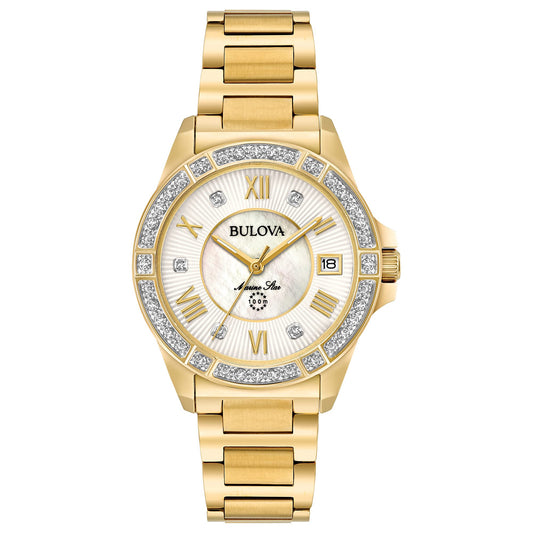 Bulova Ladies' Marine Star Diamond Gold Tone Stainless Steel 3-Hand Quartz Watch, White Mother-of-Pearl Dial and Sapphire Crystal Style: 98R235