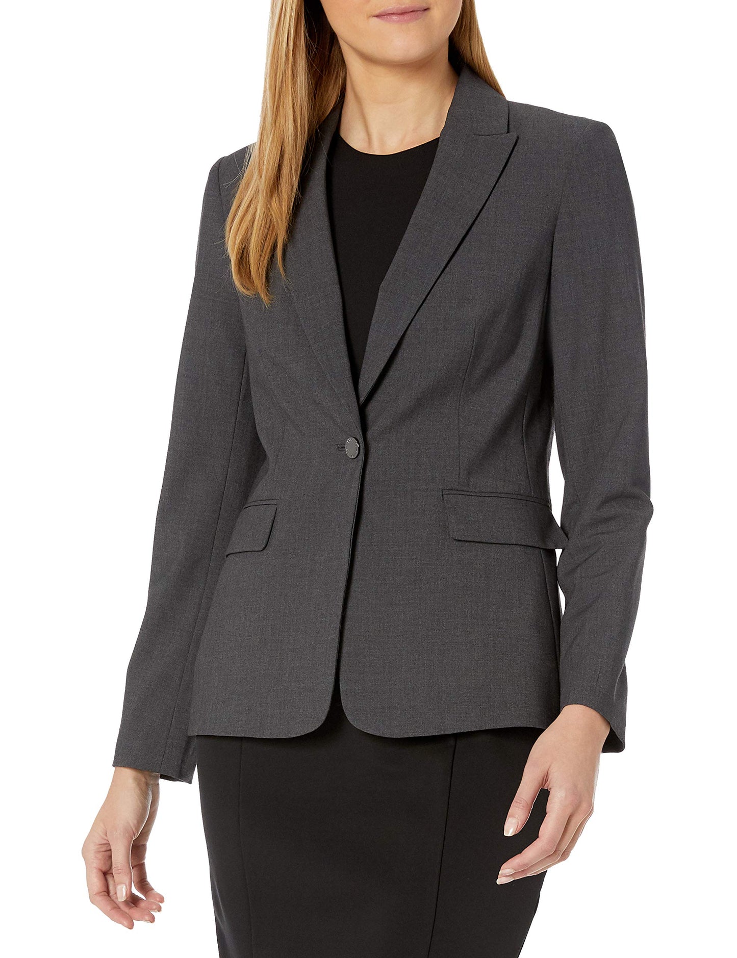 Calvin Klein Women's One Button Lux Suit Blazer, Charcoal, 12