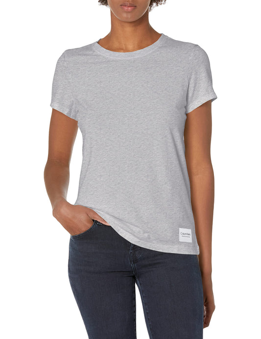 Calvin Klein Performance Women's Woven Logo Patch Short Sleeve Crew Neck Tee, Deep Pearl Grey, Medium