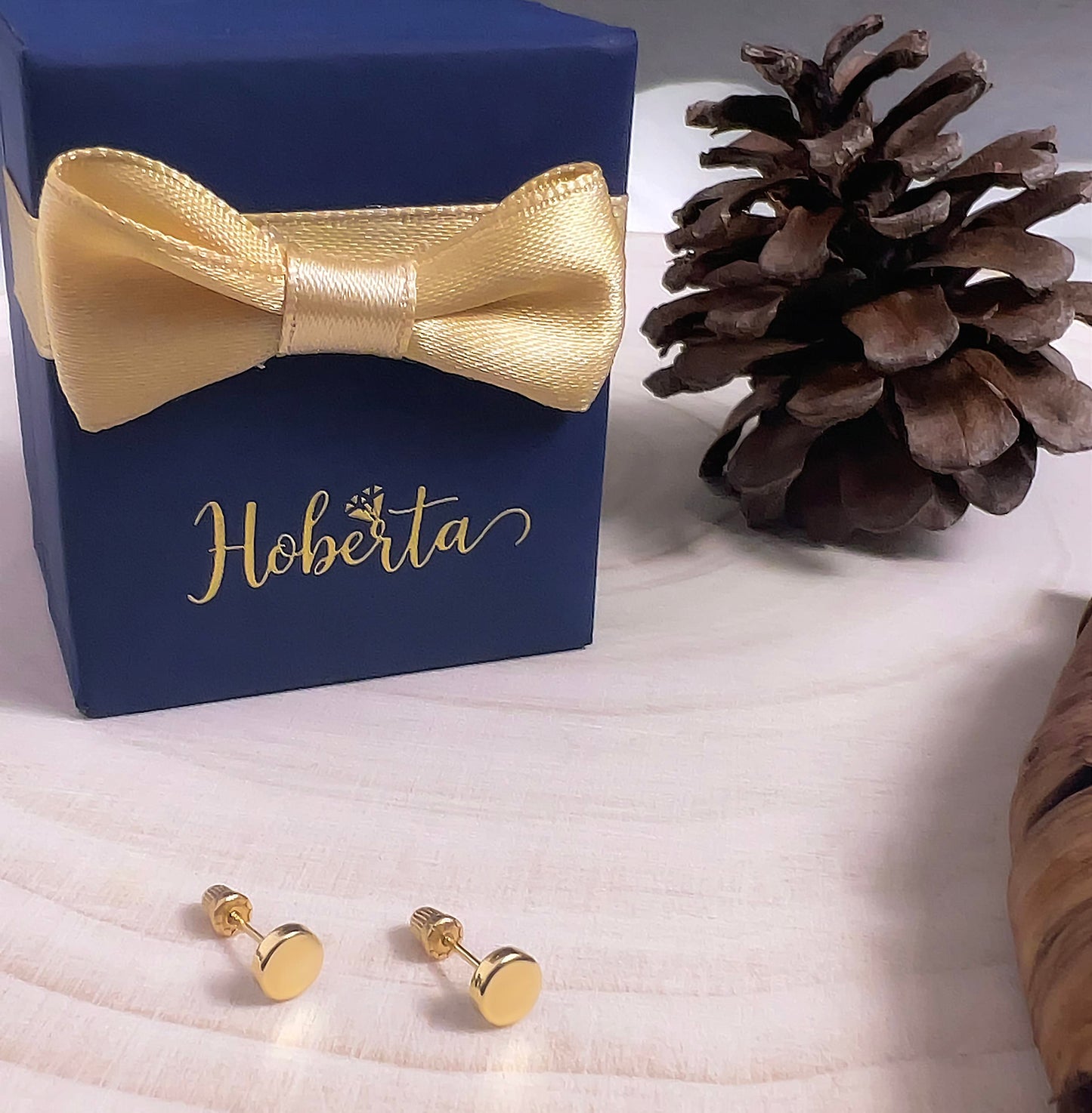 Hoberta Real 14k solid Round Yellow Gold Tiny Circle Stud Earrings with Screw back for Women Girls Men for Sensitive ears Small & Minimalist Dot Studs Jewelry for Gifts (5mm)