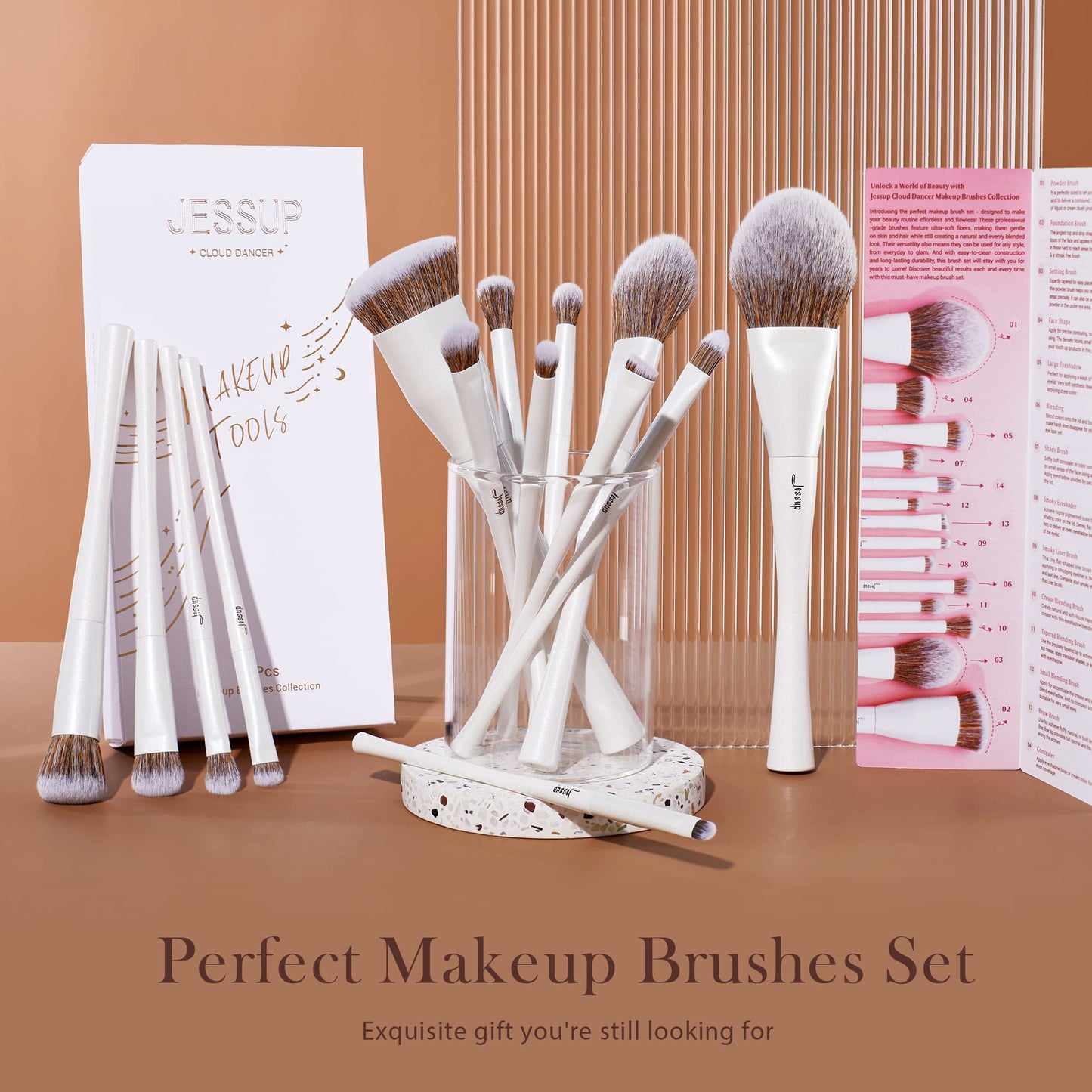 Jessup Makeup Brushes Set 14pcs Make up Brushes Premium Synthetic Foundation Concealer Blush Contour Powder Eye Shadow Blending Brush, Pearl White T343