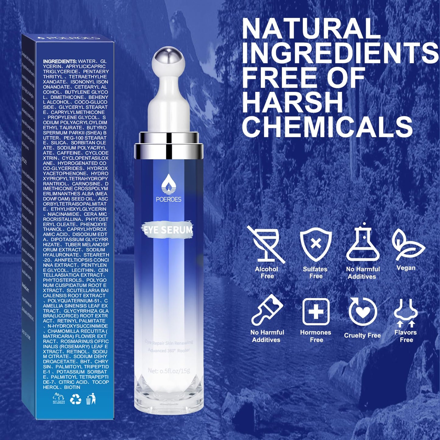 Poeroes Eye Serum with 8% Caffeine 8% Retinol Hyaluronic Acid Niacinamide peptides for Puffy Eye Bags Fine Lines Dark Circles Wrinkles, Under Eye Cream with 360° Eye Roller Massage Ball, 0.5 fl. oz