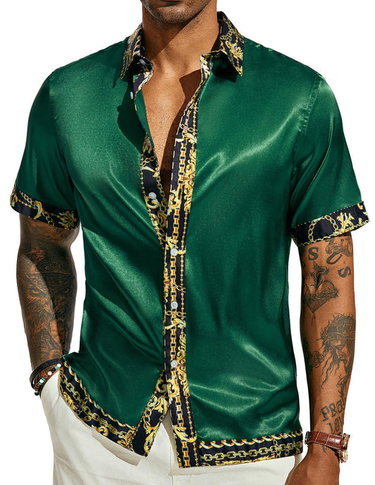 Mens Luxury Printed Satin Dress Shirts Wrinkle Free Short Sleeve Cool Beach Tops Dark Green XL