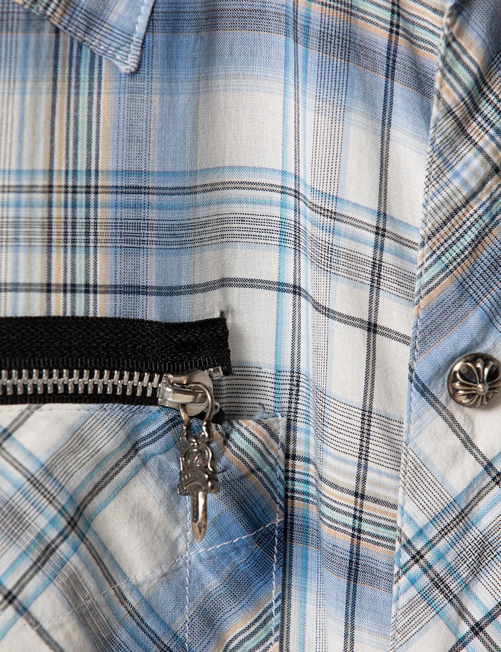 Chrome Hearts, Pre-Loved Leather Fleur Detail Zip Pocket Button Up, Large, Blue