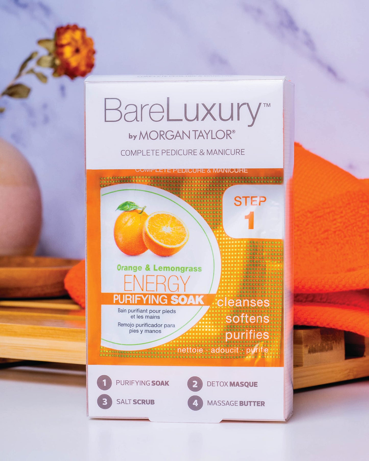 Morgan Taylor BareLuxury 4-Step Complete Pedicure & Manicure Packs (Orange & Lemongrass), Hand and Foot Spa Kit in 4 Packs, Pedicure and Manicure Kit, Self Care Gifts For Women