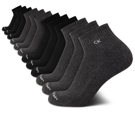 Calvin Klein Men's Socks - Athletic Cushioned Quarter Cut Ankle Socks (12 Pack), Size 712, GreyBlack