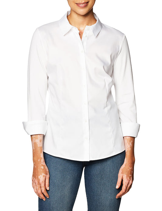Calvin Klein Women's Knit Combo Blouse with Collar, Birch, Small