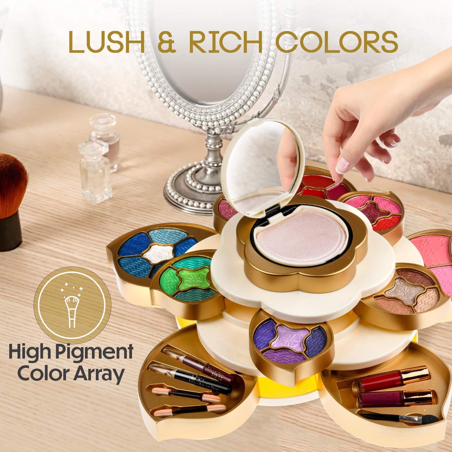 CoralBeau All In One Makeup Kit for Women and Teens - Flower Makeup Set for Girls with Pigmented Eyeshadows, Lip Creams, Blushes, Concealer and Mirror - Full Starter Makeup Gift Set for Beginners