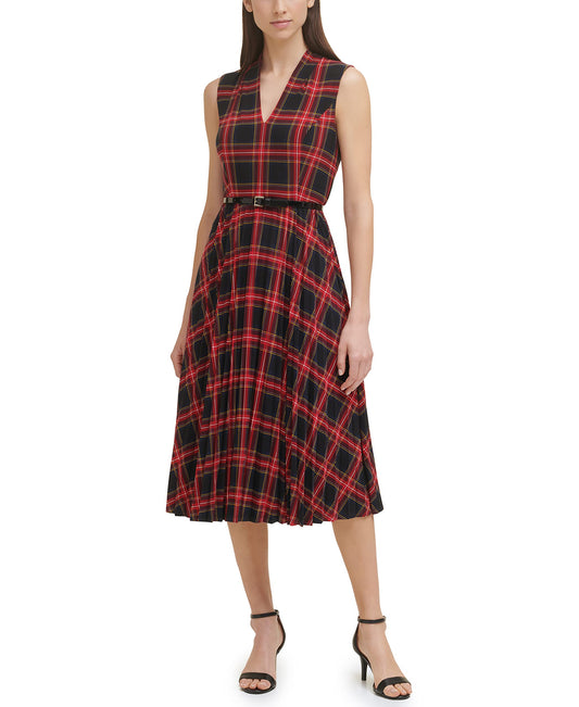 Tommy Hilfiger Womens Long Sleeve Jersey Midi with Pleated Skirt Casual Dress, Blk/Scarlt, 2 US