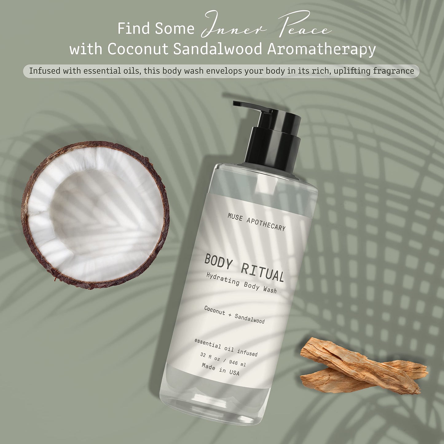 Muse Apothecary Body Ritual Hydrating - Coconut Sandalwood Body Wash for Women & Men - Essential Oil Infused Aromatherapy Body Wash - Natural - 32 Ounce
