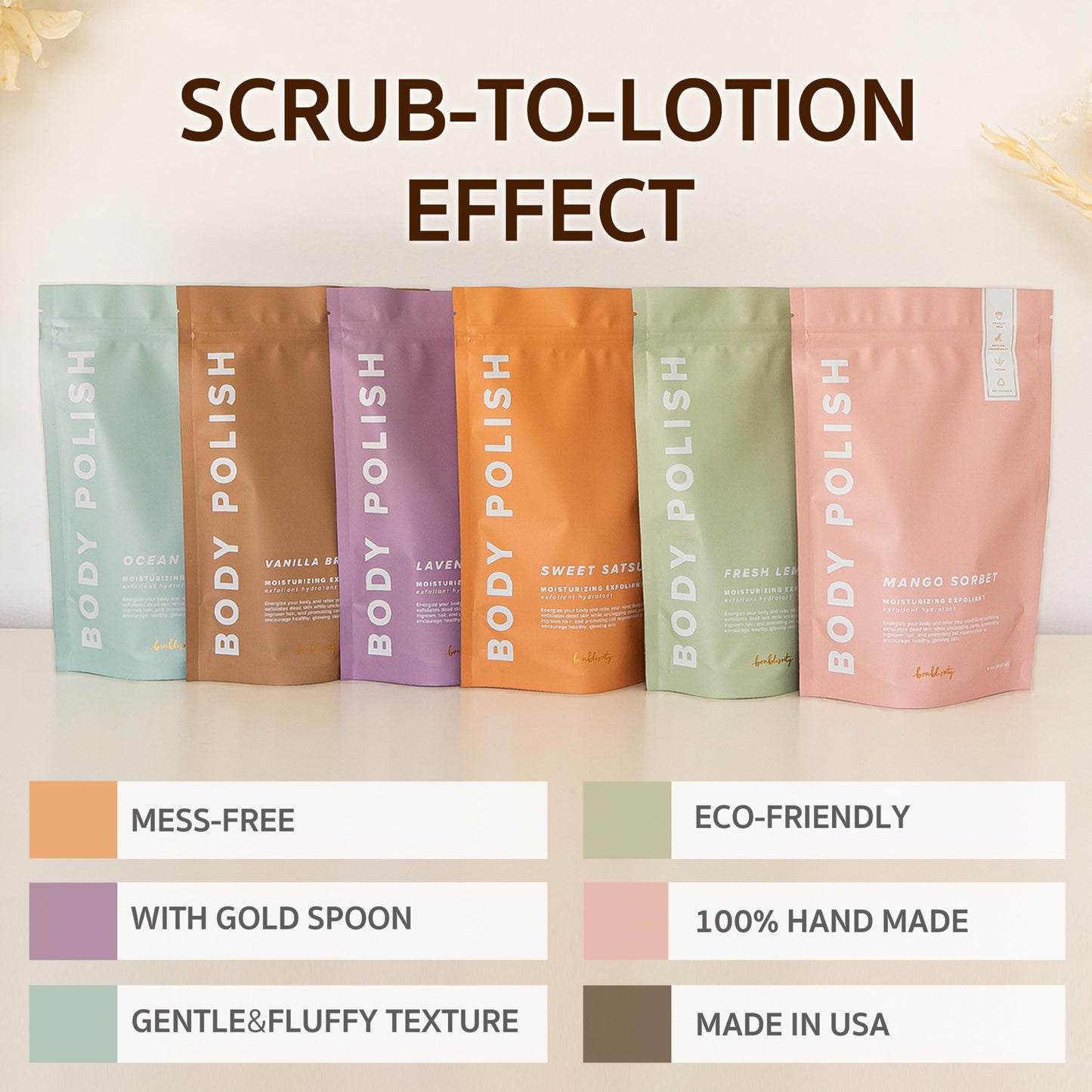 Bonblissity Body Scrub, Body Polish [LAVENDER LUXURY] - Moisturizing & Exfoliating Body Scrub - Handmade, Eco-Friendly, Mess-Free with Gold Spoon, Gentle & Fluffy Texture, Made in USA