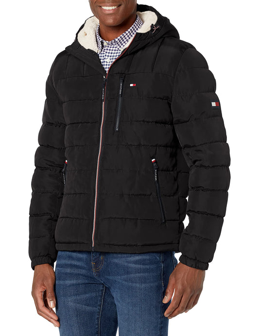 Tommy Hilfiger Men's Midweight Sherpa Lined Hooded Water Resistant Puffer Jacket, Black Tech, Large