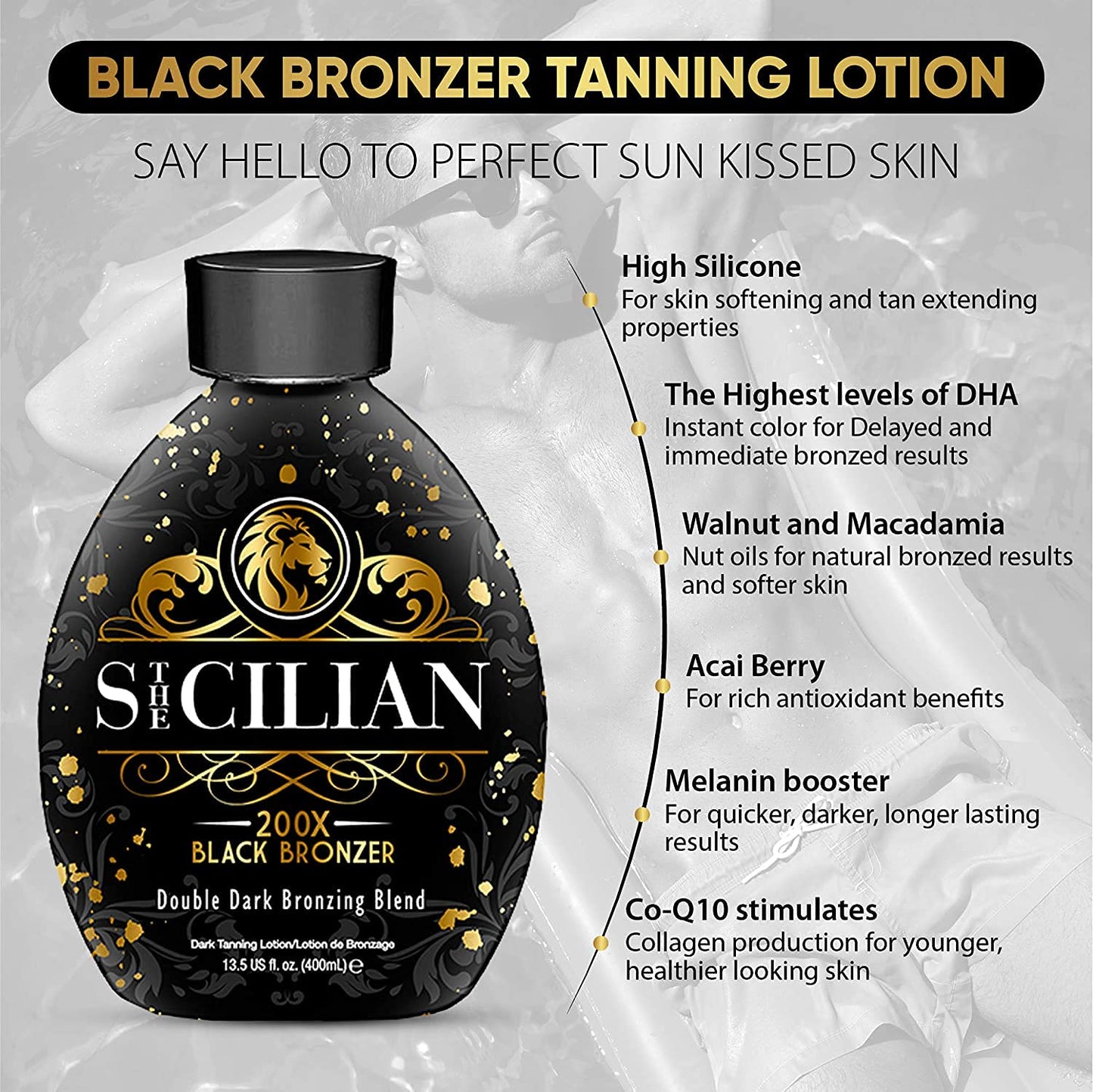 The Sicilian 200X Dark Black Bronzer Tanning Lotion - BEST Tanning Lotion For Glowing Skin - Gradual Bronzing & Sunless Self Tanner Lotion - Luxurious Sunless Body Tanning Lotion Nourishes Skin