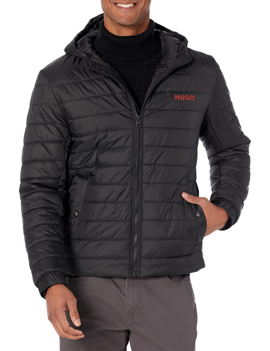 HUGO Mens Lightweight Hooded Puffer Jacket Down Coat, Black Oil, Large US