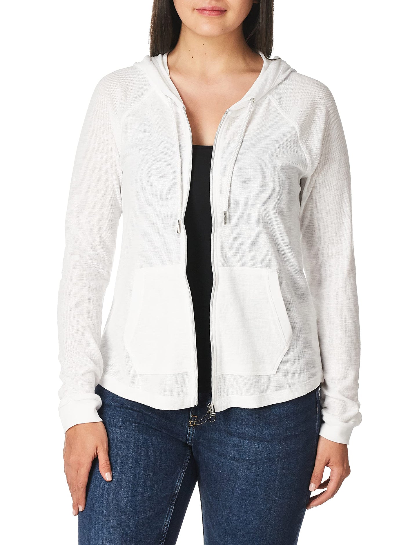 Calvin Klein Womens Ruched Long Sleeve Zip Front Hoodie, White, Medium