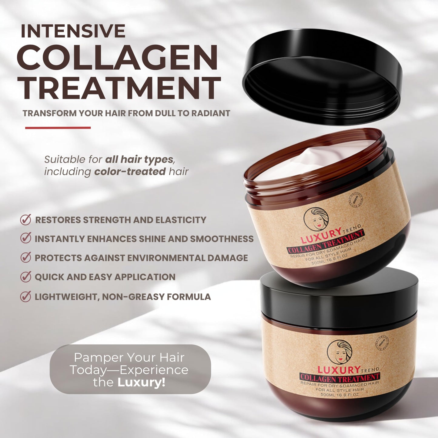 LUXURY TREND Collagen Hair Mask for Damaged Hair - Hydrating and Repairing Formula, Promotes Growth and Thickness - Ideal for Curly and Dry Hair, 16.9 oz