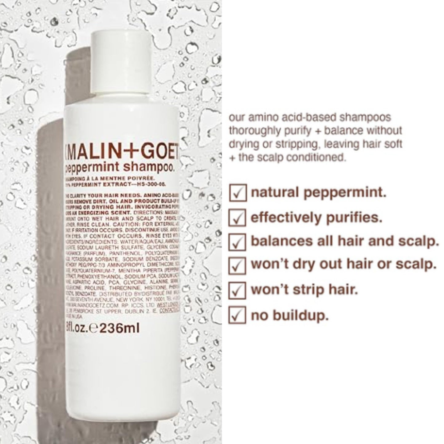 Malin + Goetz Peppermint Shampoo, 8 Fl. Oz. - Men & Women Clarifying Shampoo, Natural Hair Shampoo to Cleanse & Hydrate, Scalp Shampoo Treatment for All Hair Types, Vegan & Cruelty-Free