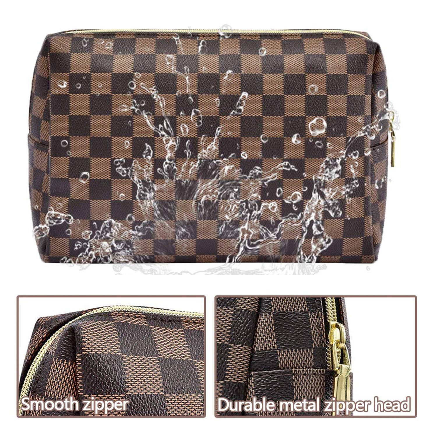 BAGCRAZY Makeup Bag, Cosmetic Bag, Portable Leather Large Checkered Makeup Bag, 2 Pack Large Capacity Travel Cosmetic Bag for Women, Lightweight Design and Waterproof Toiletries Bag Christmas Gifts
