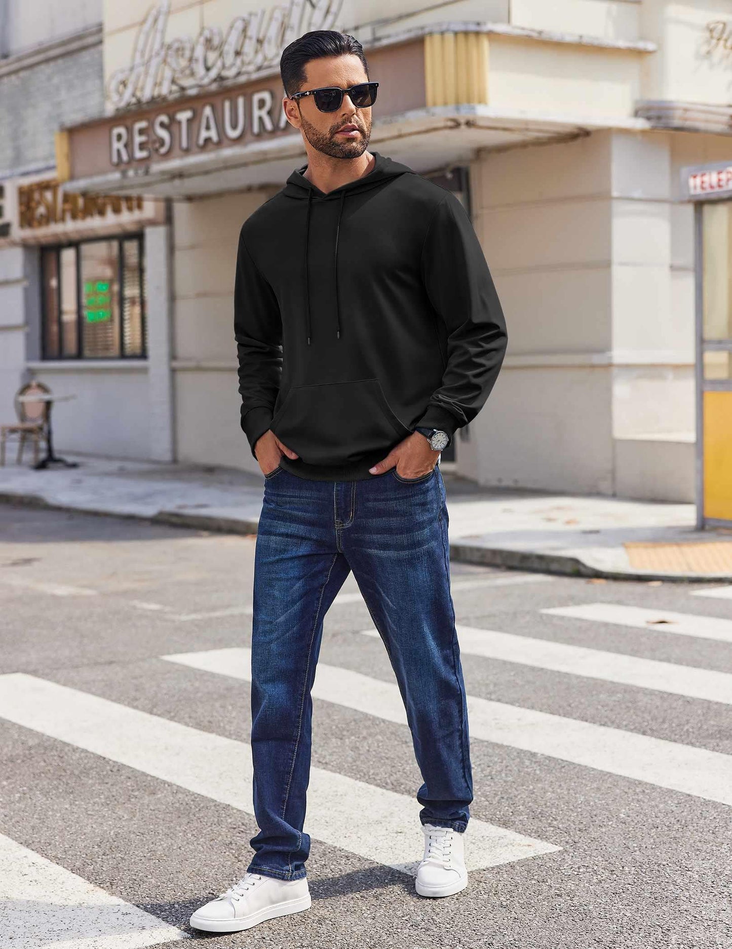 COOFANDY Mens Long Sleeve Sweatshirt Long Sleeve Knit Drawstring Hoodies for Men with Kanga Pocket Black Large