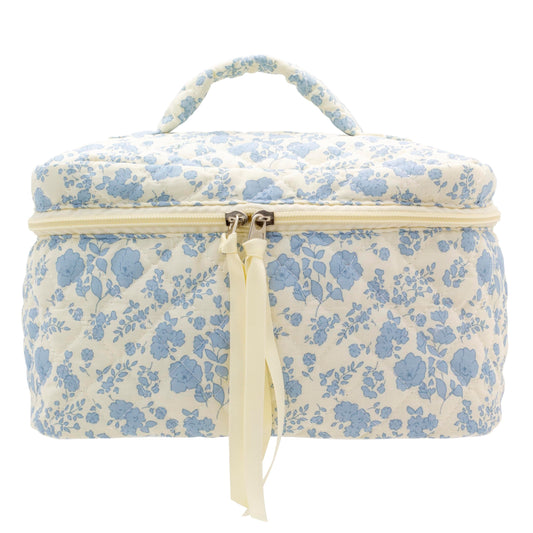 PAZIMIIK Cotton Makeup Bag for Women Large Quilted Travel Cosmetic Case Girls' Make Up Organizer,Little Flower Blue