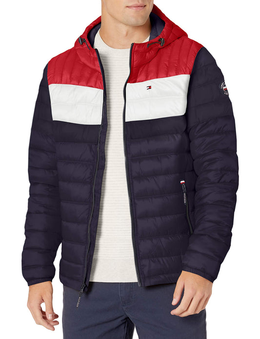 Tommy Hilfiger Men's Water Resistant Ultra Loft Filled Hooded Puffer Jacket Down Alternative Coat, Midnight/Ice/Red Flag Colorblock, Large US