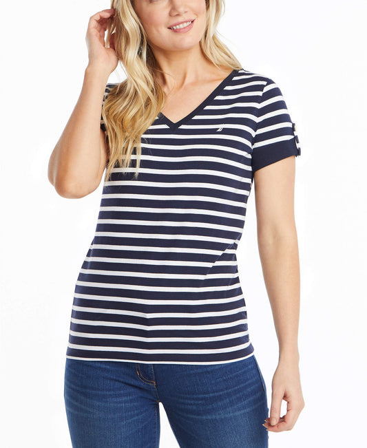 Nautica Women Easy Comfort V-Neck Striped Supersoft Stretch Cotton T-Shirt, Navy, Medium