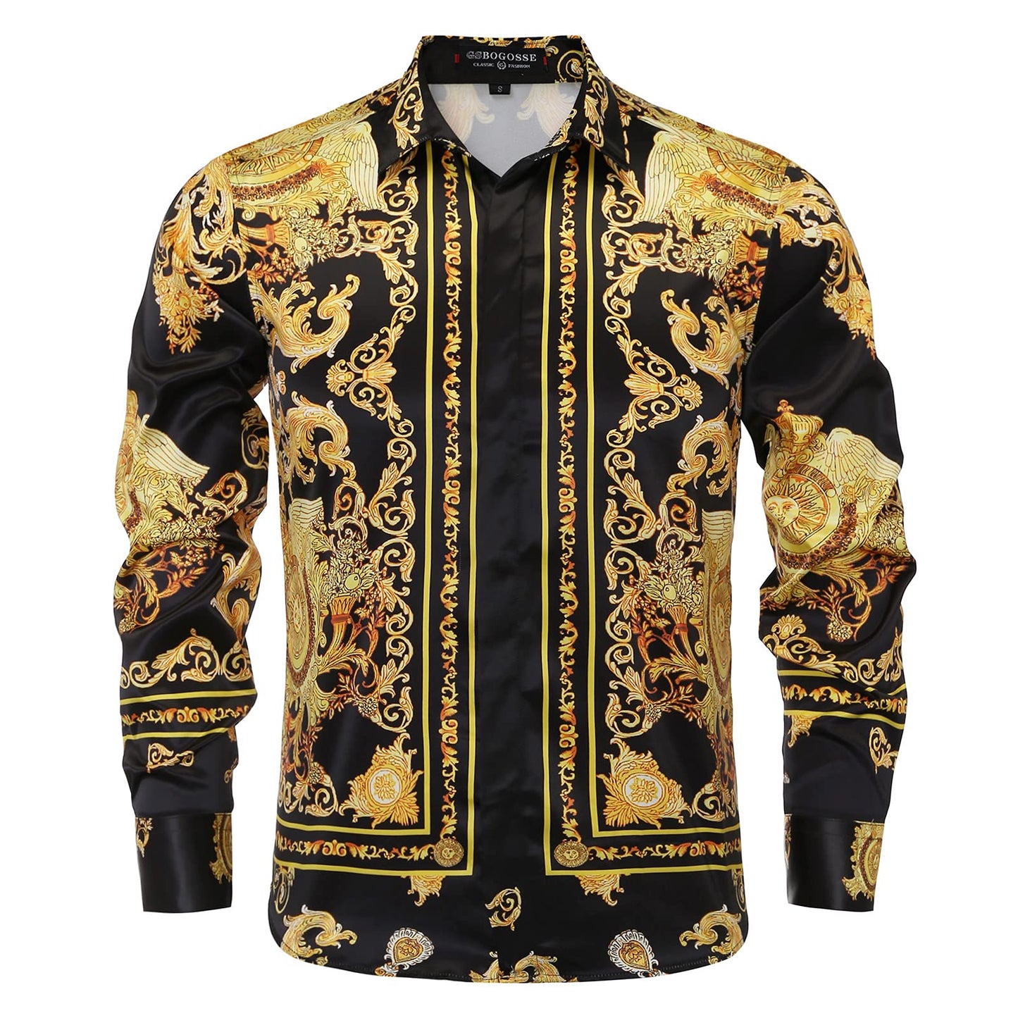 Mens Luxury Brand Printed Silk Like Satin Button Down Dress Shirt for Party Prom Long Sleeve Black Gold Floral Nightclub Shirt