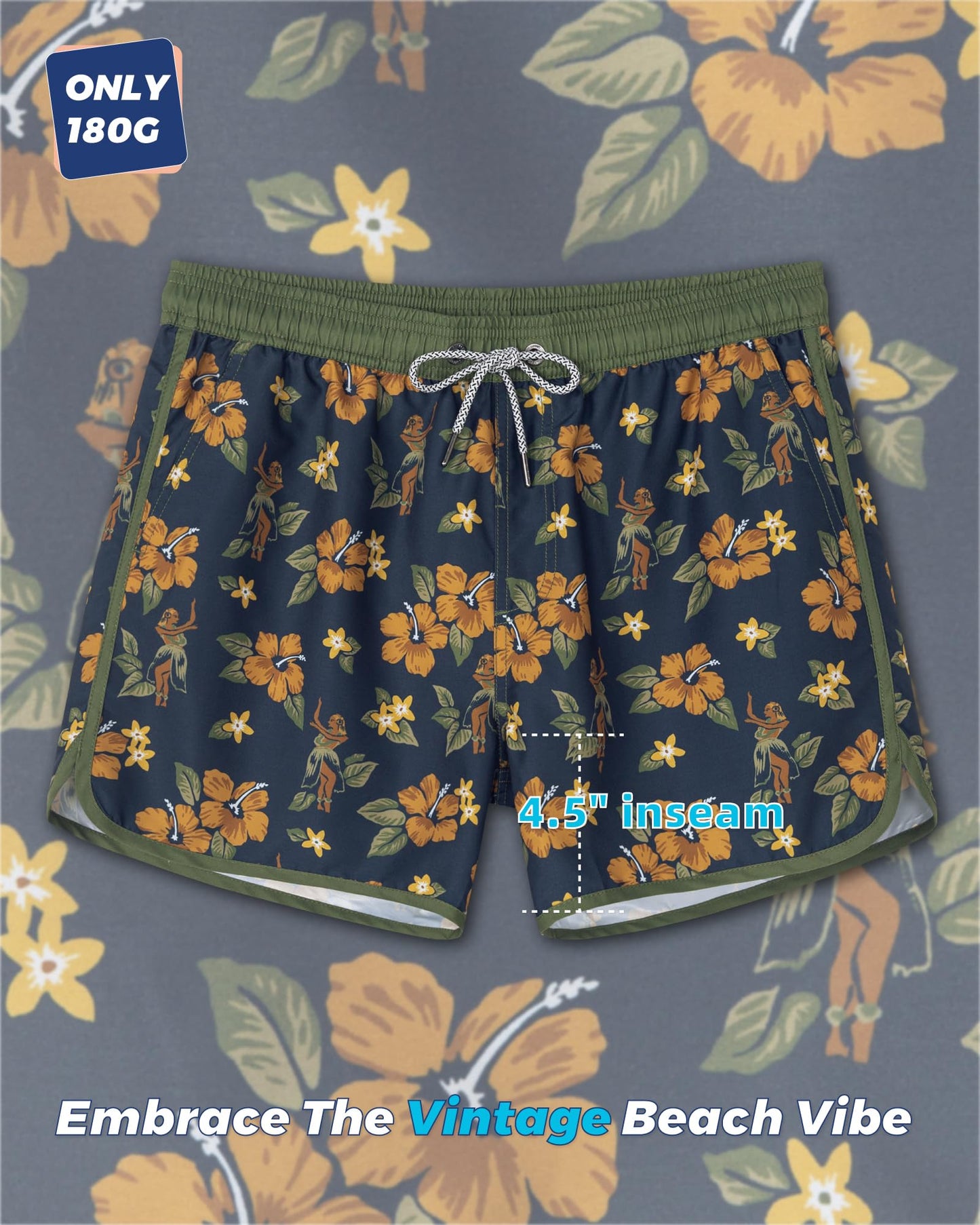 SURF CUZ Mens Swim Trunks 5" Swim Shorts Vintage Bathing Suits with Mesh Lining 80s 90s Retro Swimwear Board Shorts,Aloha,L