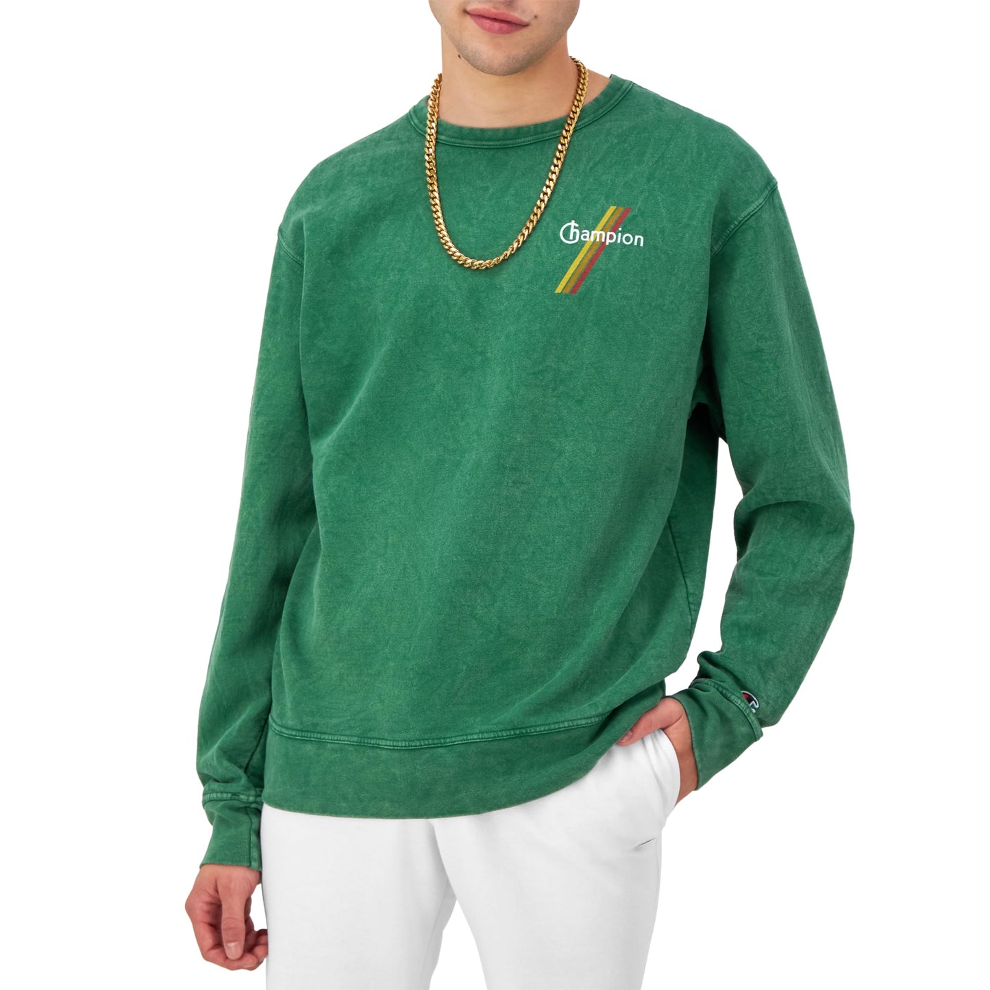 Champion, Mineral Dye Graphic Crewneck, Men's Pullover Sweatshirt, Road Sign Green Script Stripe