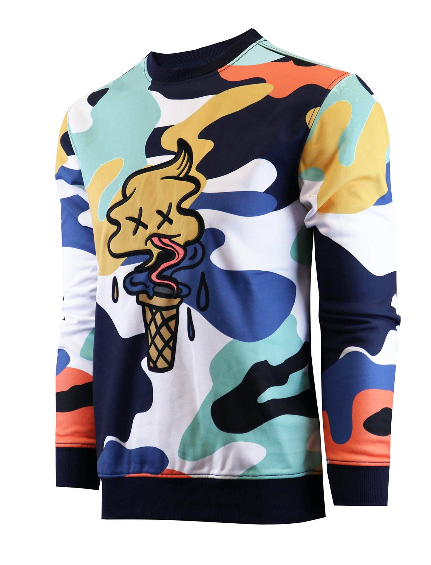 SCREENSHOT-F11076 Mens Urban Hip Hop Fleece Pullover Top - I-Screen Cone Cartoon Animatin Camo Crew Neck Streetwear Sweatshirt-White-Medium